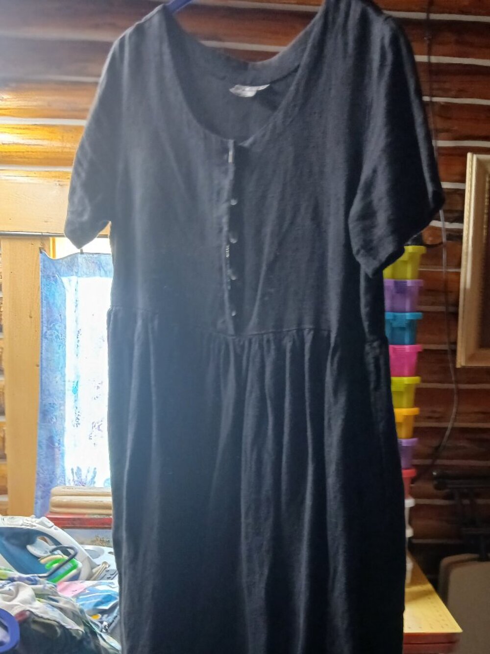 Short Sleeve Empire Waist Midi Length Black Linen Dress